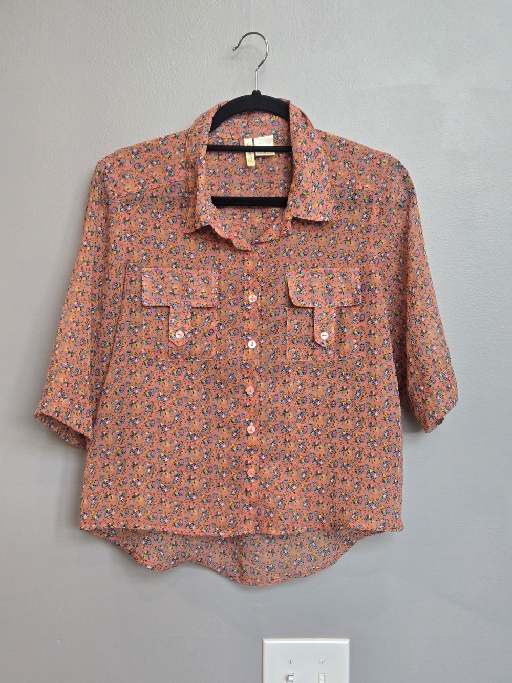 Passport Floral Button Down Utility BlouseWomens Coral Floral Button-Front Shirt